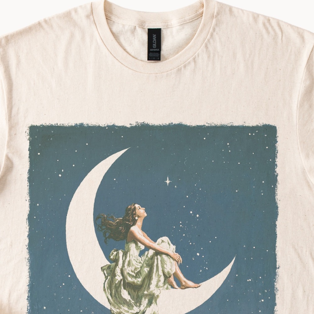 Dreamy Moon Gazer Graphic Tee Vintage Celestial Illustration